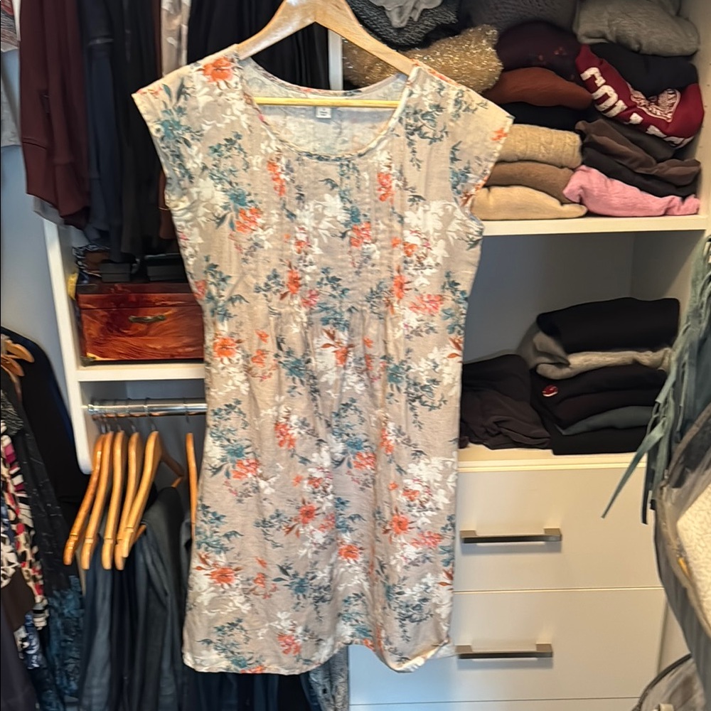 Sundance Tan floral Sheath Mini Dress Sleeveless Crew Neck